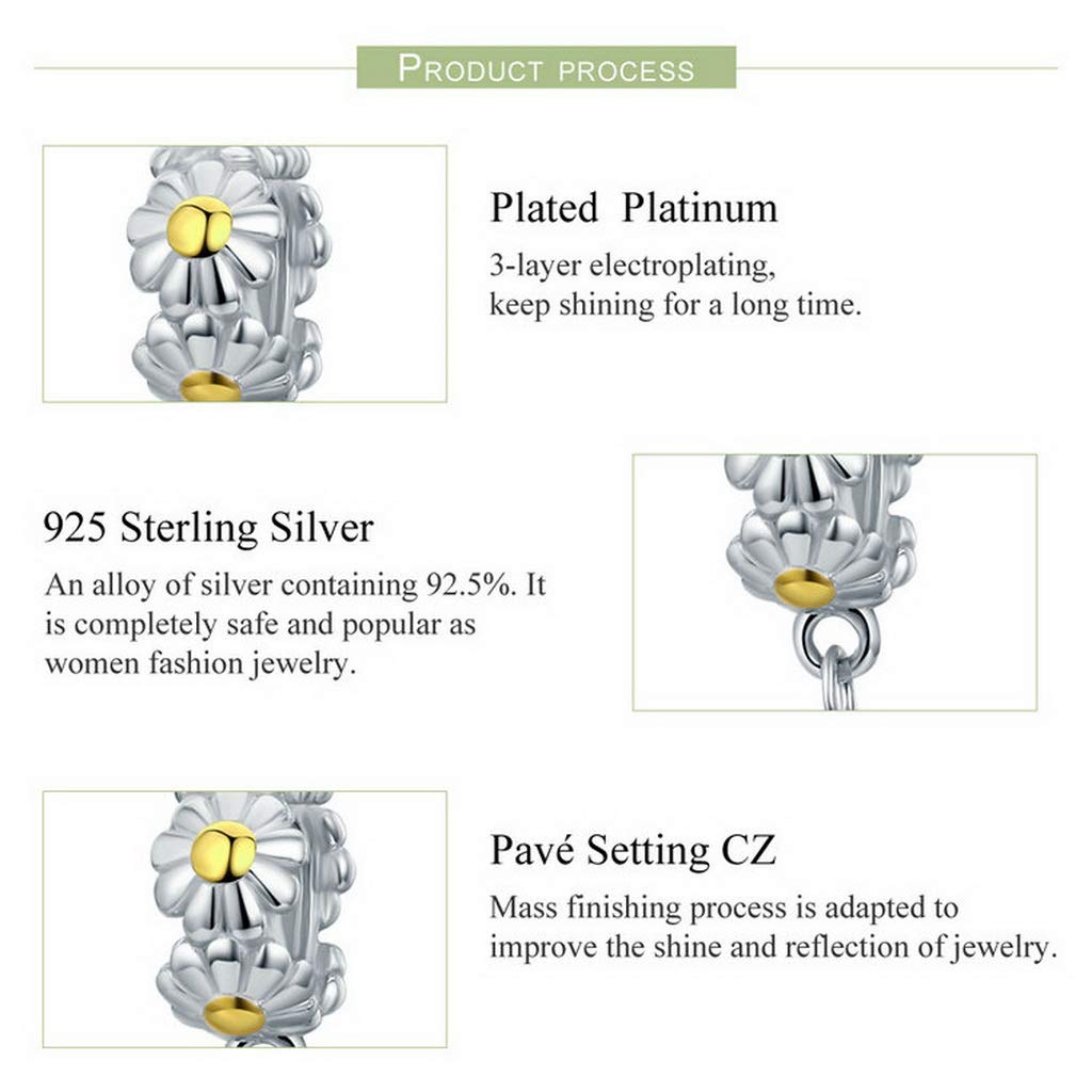 PAHALA 925 Sterling Silver Stackable Daisy Flower Safety Chain Charm Bead