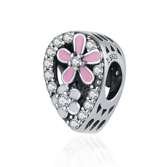 PAHALA 925 Sterling Silver Blossoming Love Daisy Flower Pink Enamel Crystals Charm Bead