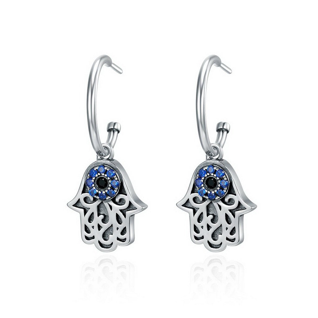 PAHALA 925 Sterling Silver Fantasy Hamsa Hand Blue With Crystals Stud Earrings