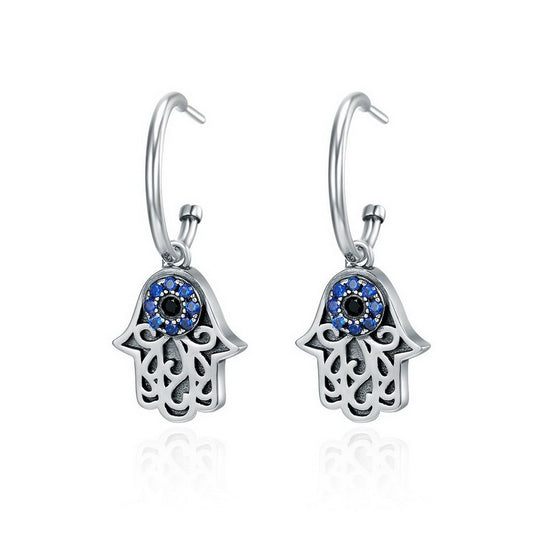 PAHALA 925 Sterling Silver Fantasy Hamsa Hand Blue With Crystals Stud Earrings