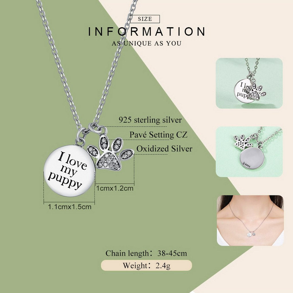 PAHALA 925 Sterling Silver Love My Doggy Footprints with Crystals Pendant Necklace