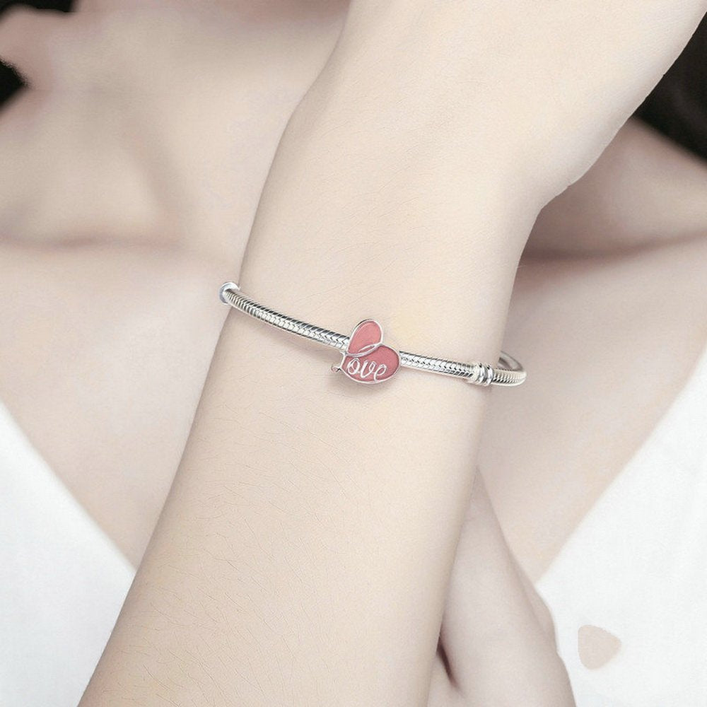 PAHALA 925 Strling Silver Fall in Love Pink Enamel Charms Fit Bracelets Necklace