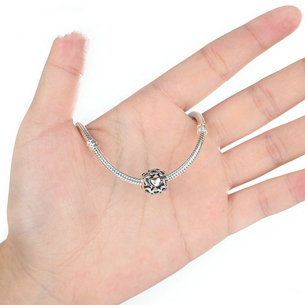 PAHALA 925 Strling Silver Pink Crystals Heart Charms Pendant Fit Bracelets Necklace