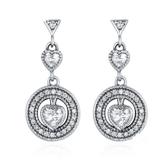 PAHALA 925 Sterling Silver Classical Round With Heart Crystals Party Wedding Long Drop Earrings