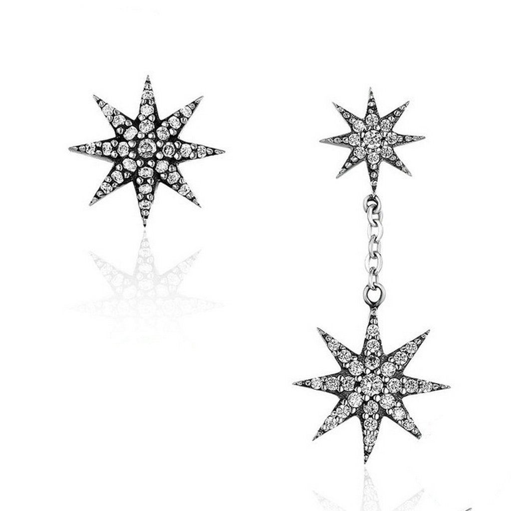 PAHALA 925 Sterling Silver Star With Crystals Party Wedding Long Drop Earrings