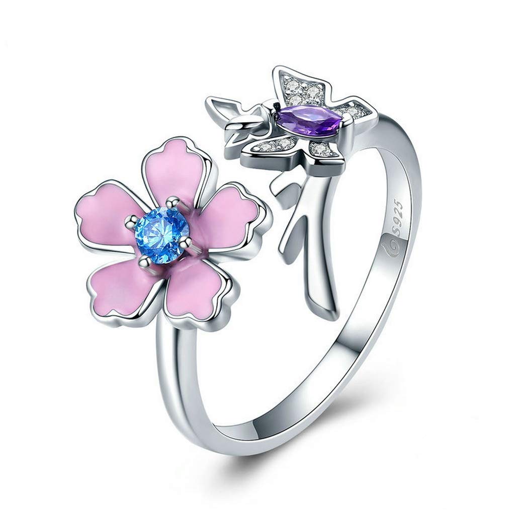 PAHALA 925 Strling Silver Lovely Butterfly Pink Flower Crystals Finger Weeding Party Ring