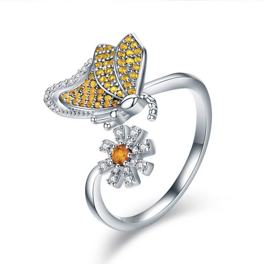 PAHALA 925 Strling Silver Butterfly Daisy Flower Crystals Finger Weeding Party Ring