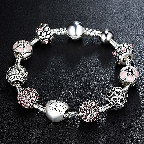 PAHALA Luxury 925 Sterling Silver Love Folwer Eurpoean Chain with Crystals Charm Bracelet Bangles