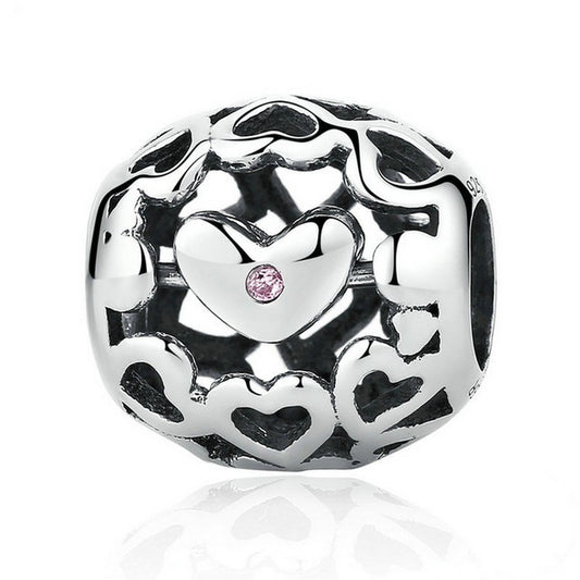 PAHALA 925 Strling Silver Pink Crystals Heart Charms Pendant Fit Bracelets Necklace