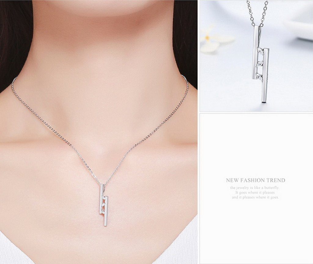 PAHALA 925 Sterling Silver T Bar Dazzling Clear CZ Pendant Necklace