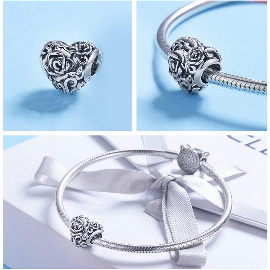 PAHALA 925 Strling Silver Rose Flower Engrave Heart Charms Charm