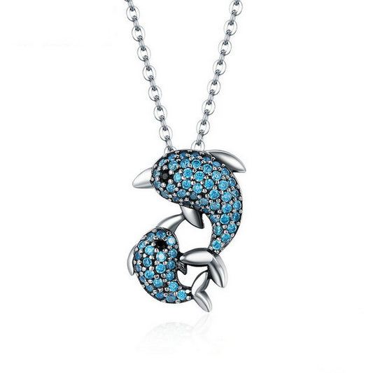 PAHALA 925 Sterling Silver Blue Crystals Dolphin Clear CZ Pendant Necklace