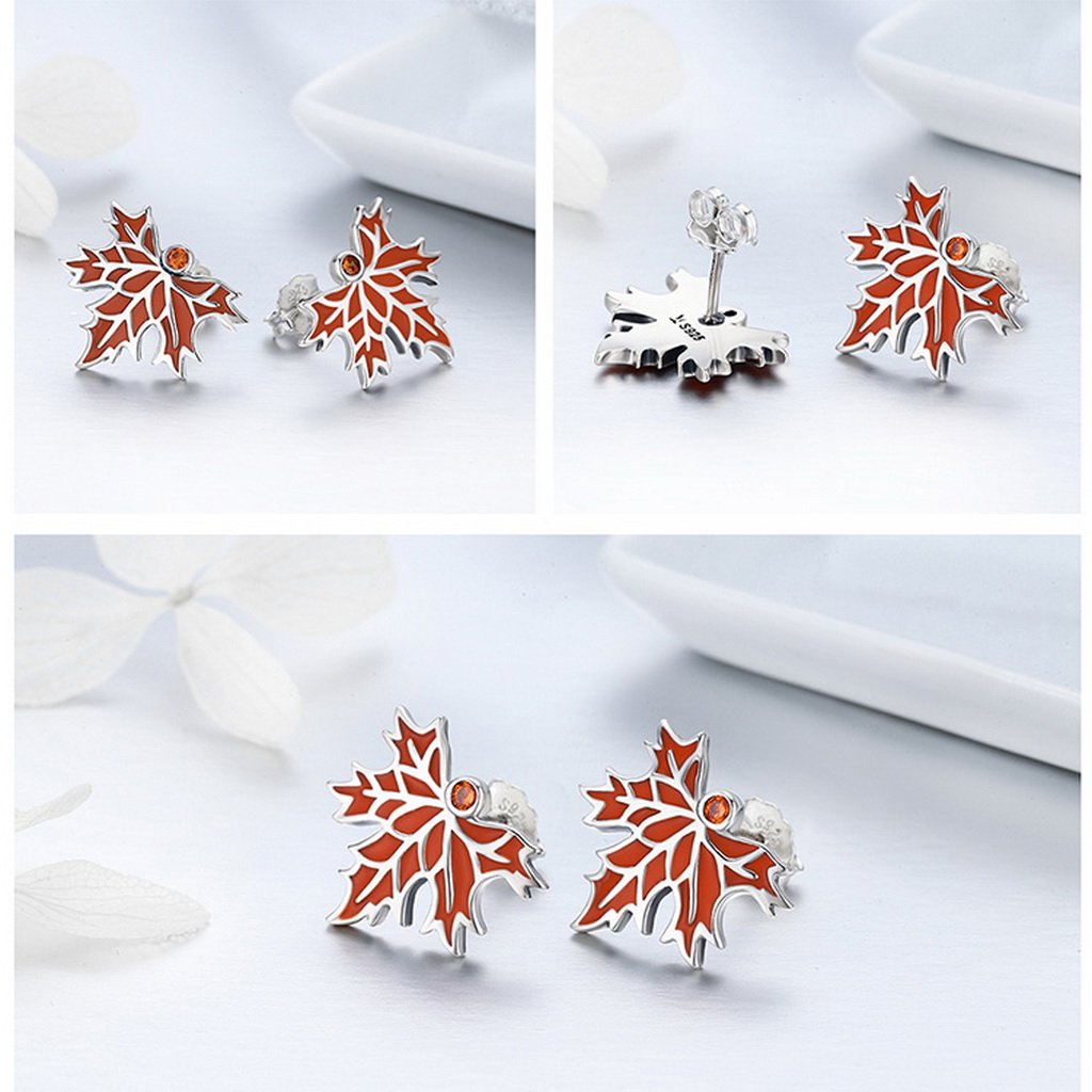 PAHALA 925 Sterling Silver Red Enamel Autumn Maple Tree Pendant Necklace Earrings Jewelry Set