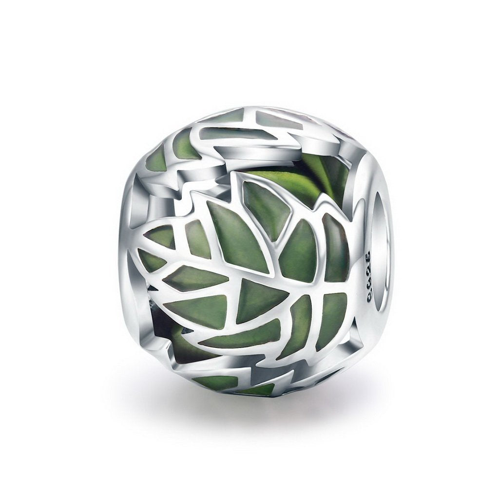 PAHALA 925 Sterling Silver Tree Leaves Green Enamel Charm Bead