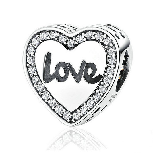 PAHALA 925 Strling Silver Love with Crystals Charms Pendant Fit Bracelets Necklace