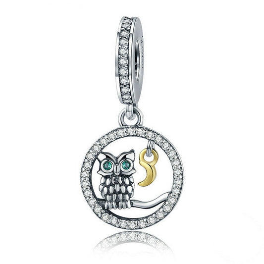PAHALA 925 Sterling Silver Bird Story Moon with Crystals Charms Fit Bracelets Necklace