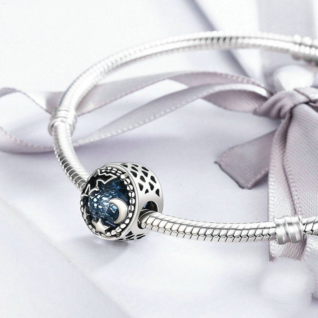 PAHALA 925 Sterling Silver Midnight Bat Star with Blue Crystal Charm Bead Fit Bracelet