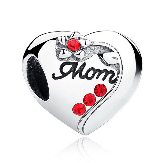 PAHALA 925 Sterling Silver Romantic Mom Red Heart Crystals Charms Fit Bracelets Necklace