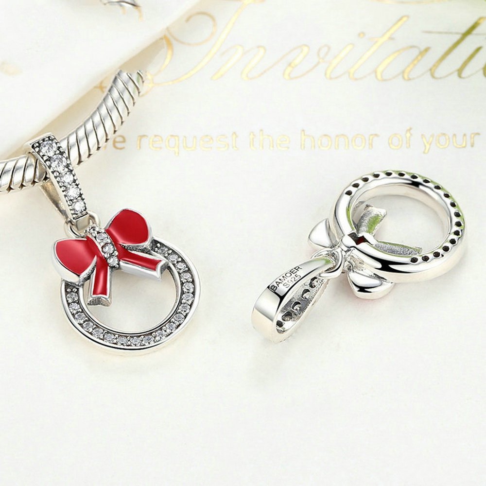 PAHALA 925 Strling Silver Red Bow Knot with Crystals Charms Pendant Fit Bracelets Necklace