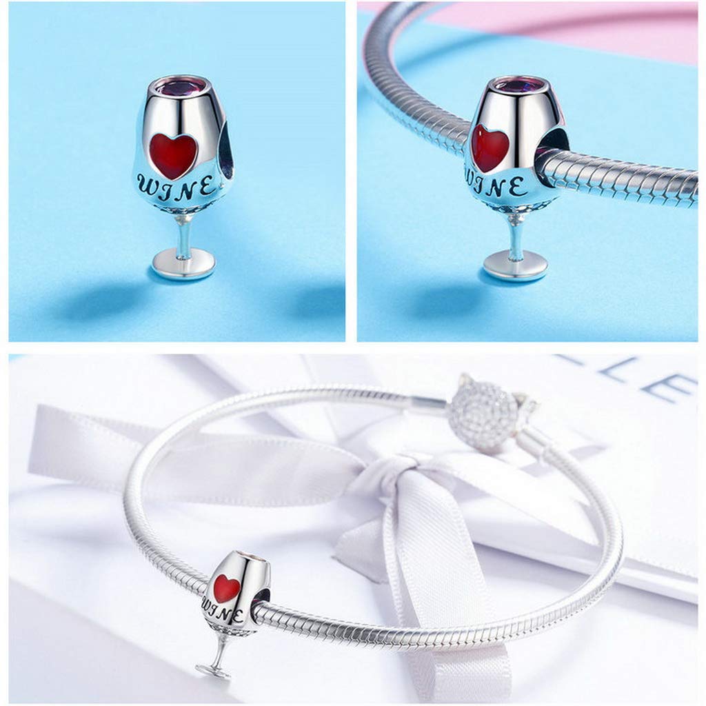 PAHALA 925 Strling Silver Red Wine Cup Heart Enamel Charms Charm
