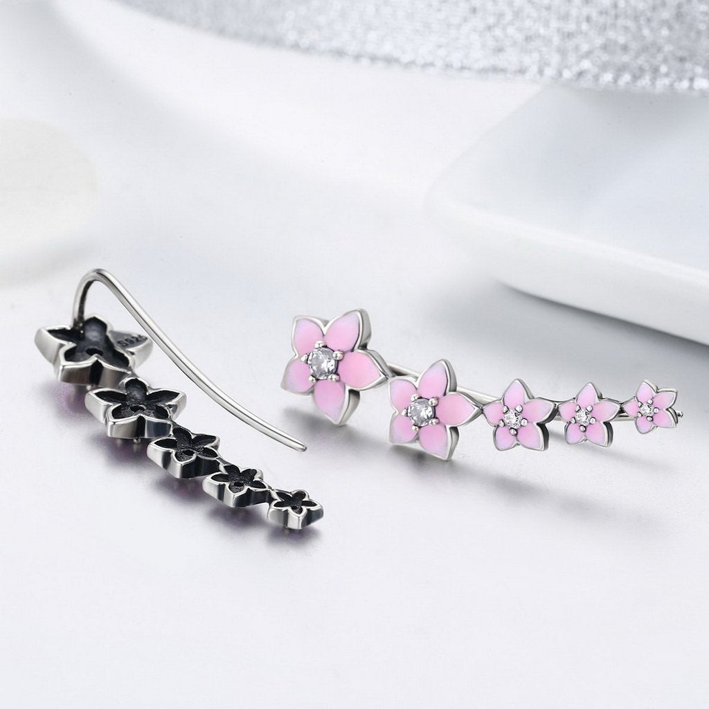 PAHALA 925 Sterling Silver Cherry Flower Pink Enamel Crystal Long Tassel Earrings