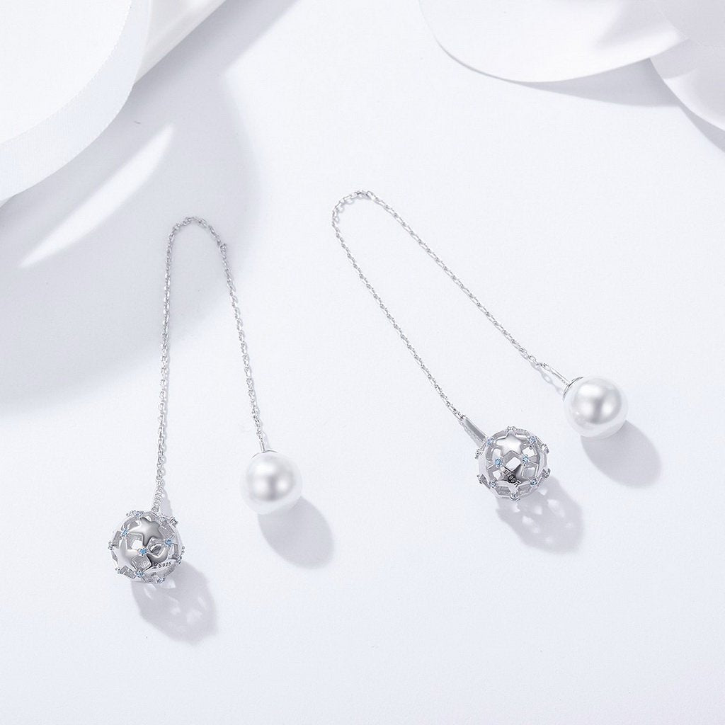 PAHALA 925 Sterling Silver Double Ball Luminous With Crystals Party Wedding Long Drop Earrings