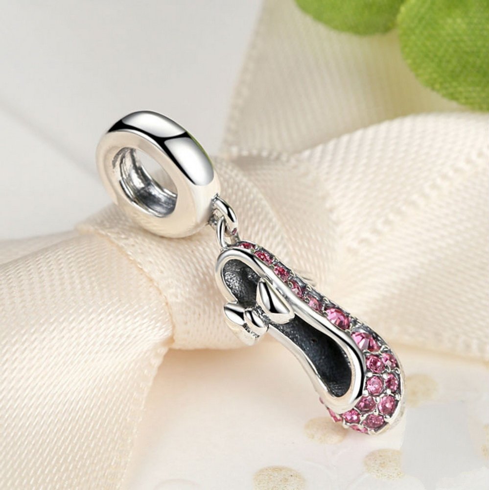 PAHALA 925 Sterling Silver Pink Crystals High Heeled Shoe Charm Fit Bracelets Necklace