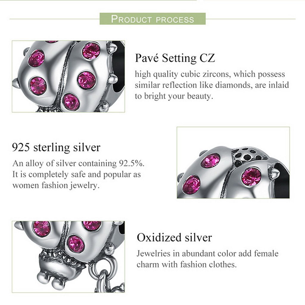 PAHALA 925 Sterling Silver Tree Ladybug Story with Crystals Pendant Charm Bead