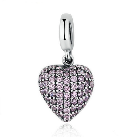PAHALA 925 Strling Silver Pink Heart Love Forever with Crystals Charms Pendant Fit Bracelets Bangles Necklace