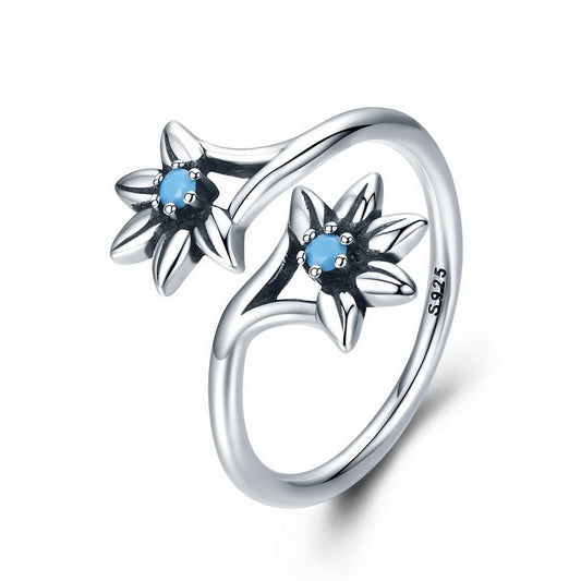 PAHALA 925 Strling Silver Daisy Flower Blue Weeding Party Band Ring