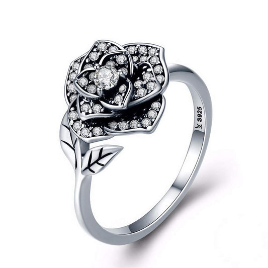 PAHALA 925 Strling Silver Rose Flower Dazzling Crystals Finger Weeding Party Ring