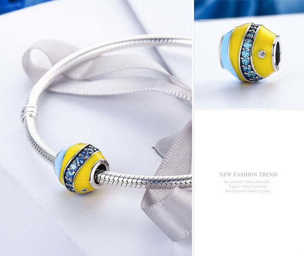 PAHALA 925 Sterling Silver Colorful Enamel Sea Fish with Blue Crystals Charms Beads