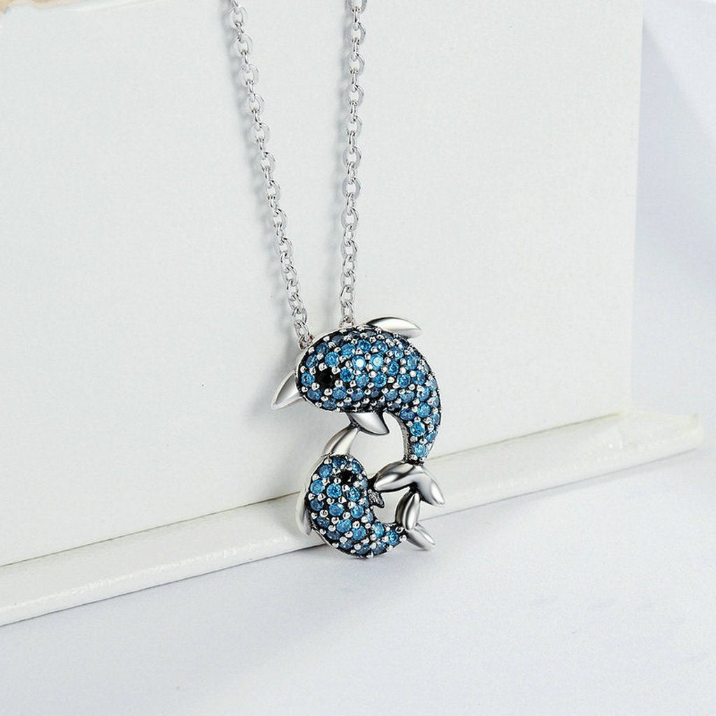 PAHALA 925 Sterling Silver Blue Crystals Dolphin Clear CZ Pendant Necklace