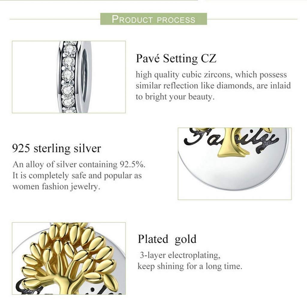 PAHALA 925 Strling Silver Family Tree Gold Color Charm Bead
