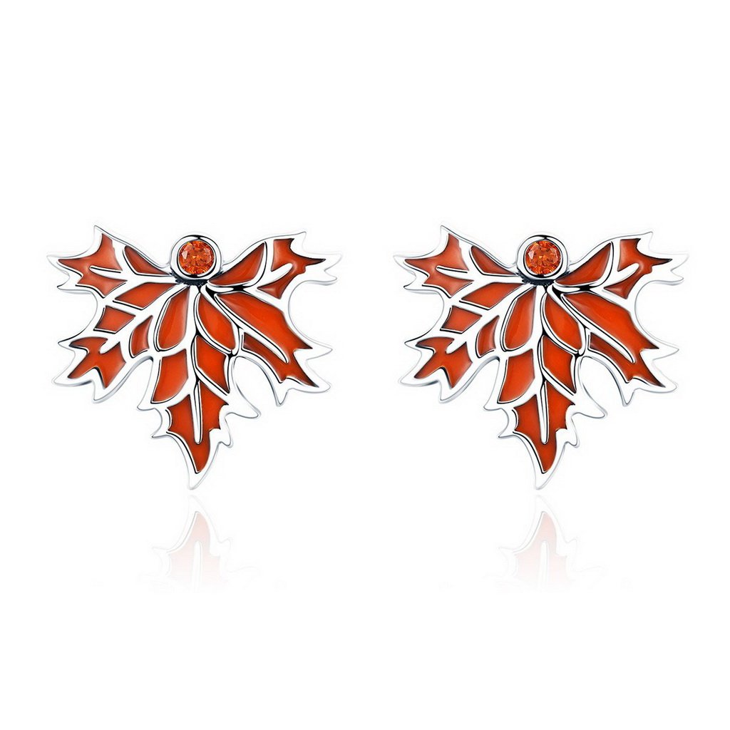 PAHALA 925 Sterling Silver Red Enamel Autumn Maple Tree Stud Earrings