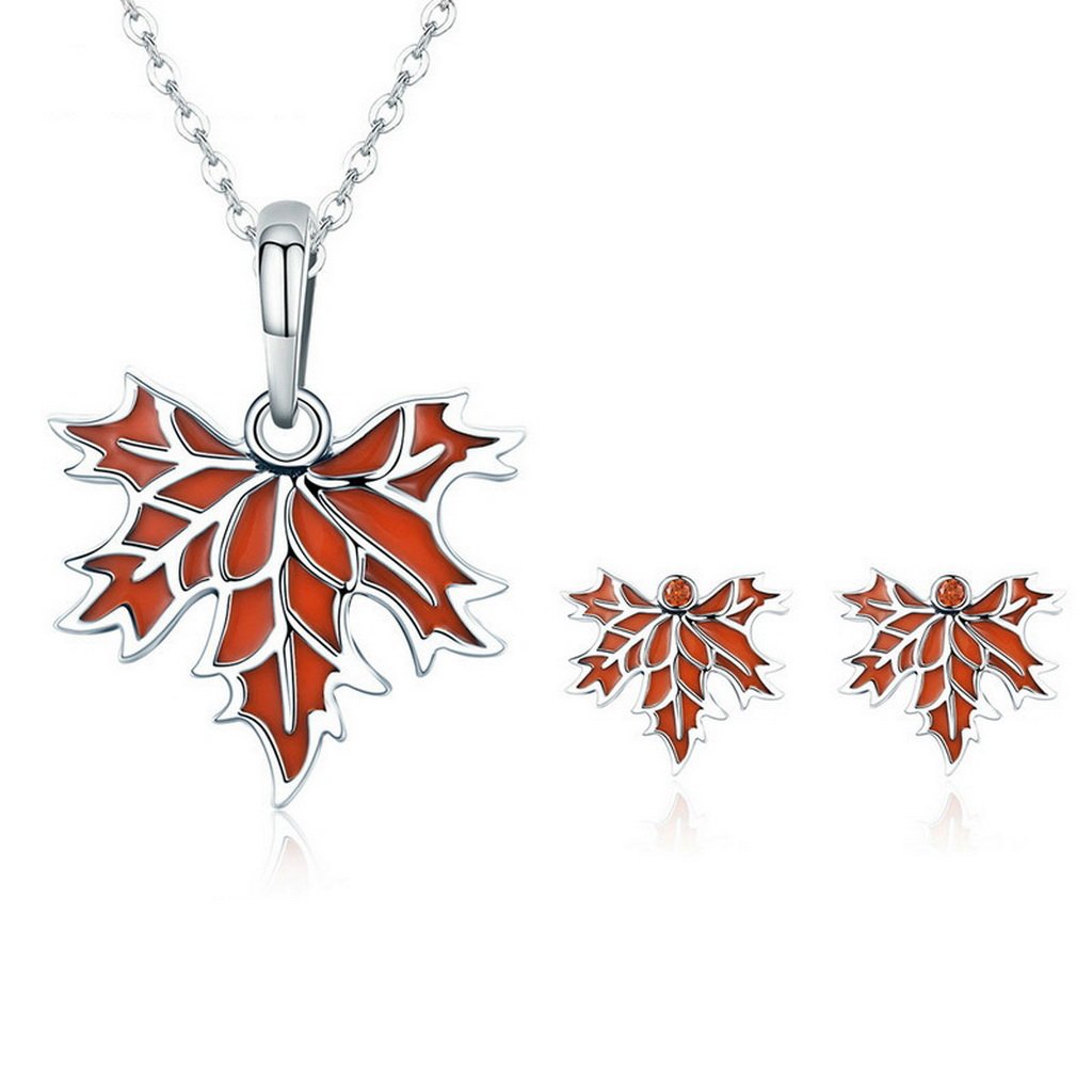 PAHALA 925 Sterling Silver Red Enamel Autumn Maple Tree Pendant Necklace Earrings Jewelry Set