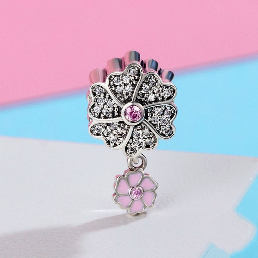 PAHALA 925 Sterling Silver Pink Enamel Blooming Flower Crystals Pendant Charm Bead