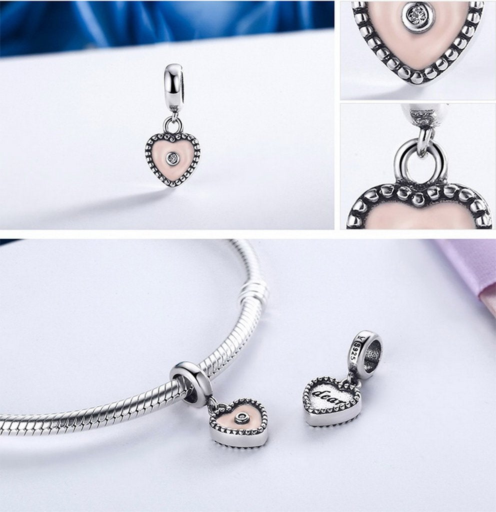 PAHALA 925 Strling Silver Pink Ture Love with Crystal Charms Fit Bracelets Necklace