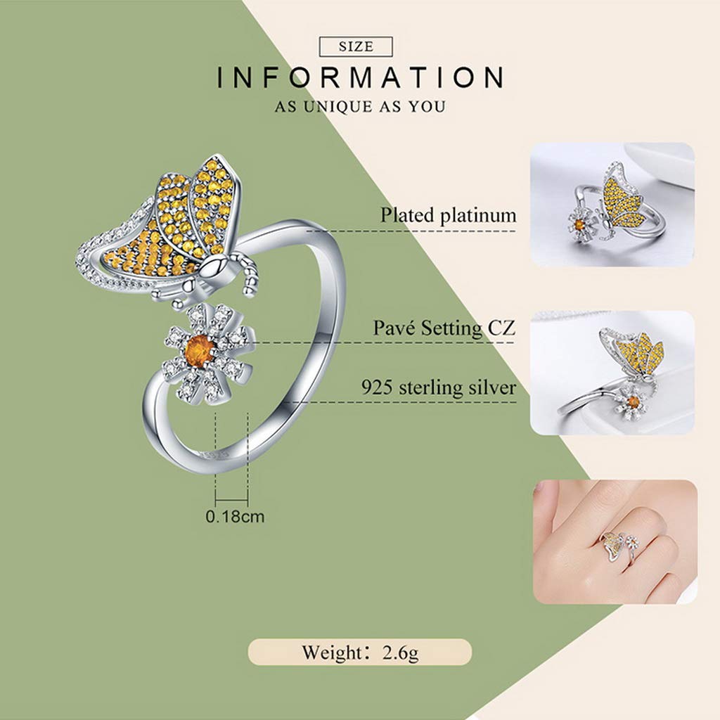 PAHALA 925 Strling Silver Butterfly Daisy Flower Crystals Finger Weeding Party Ring