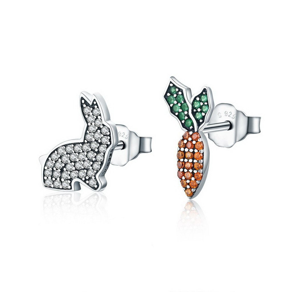PAHALA 925 Sterling Silver Cute Rabbit Carrot With Crystals Stud Earrings