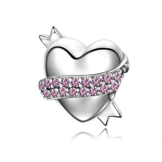 PAHALA 925 Strling Silver Ribbon Hug Heart with Pink Crystals Charms Fit Bracelets Necklace