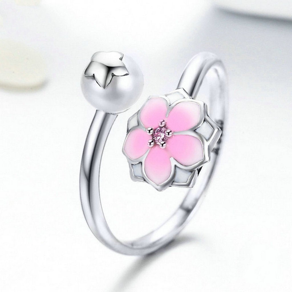 PAHALA 925 Sterling Silver Bloom with Pink Enamel Weeding Party Band Ring