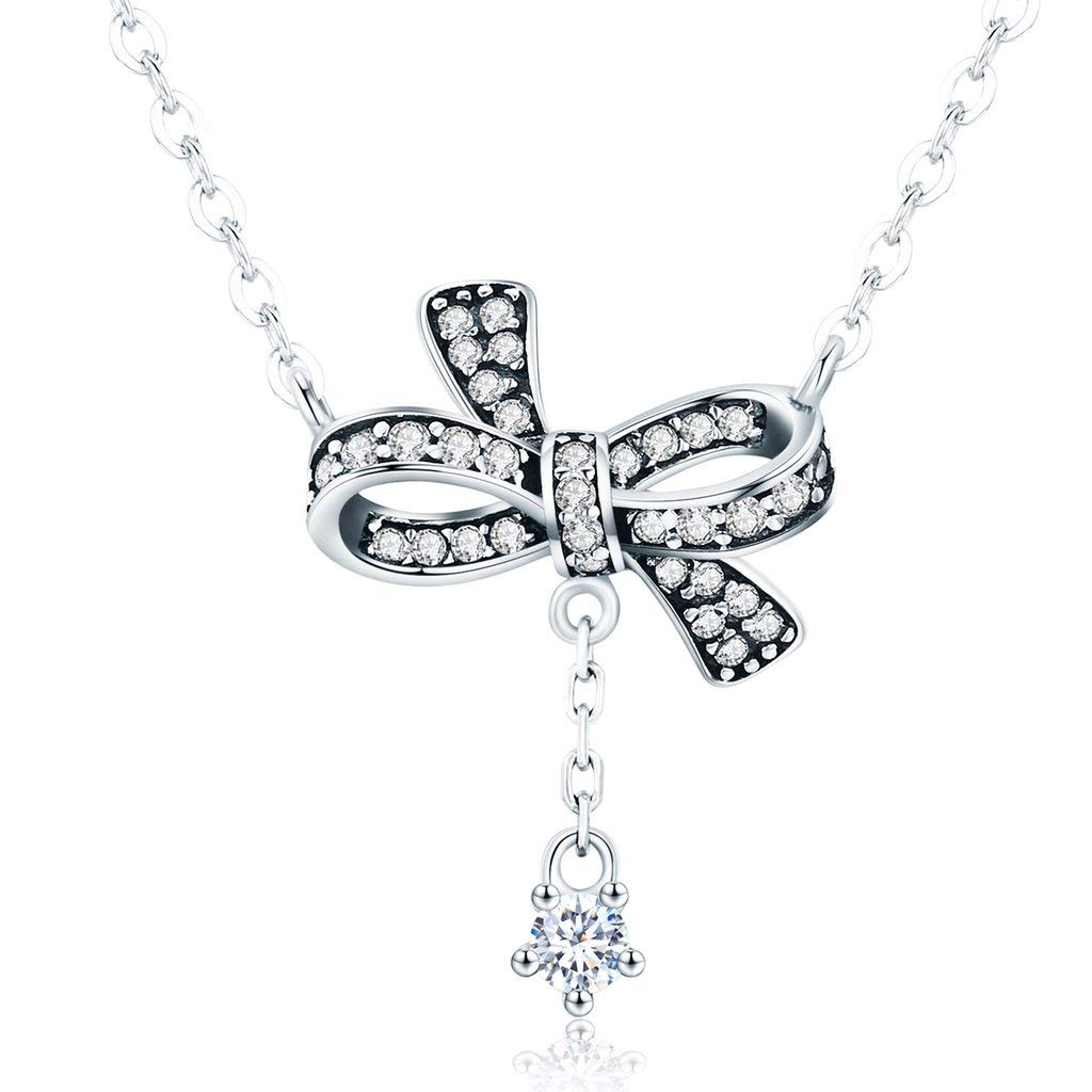 PAHALA 925 Sterling Silver Sweet Bowknot with Crystals Clear CZ Pendant Necklace