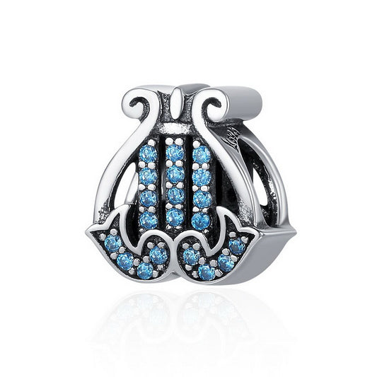 PAHALA 925 Sterling Silver Elegant Harp Blue Crystals Charm Bead