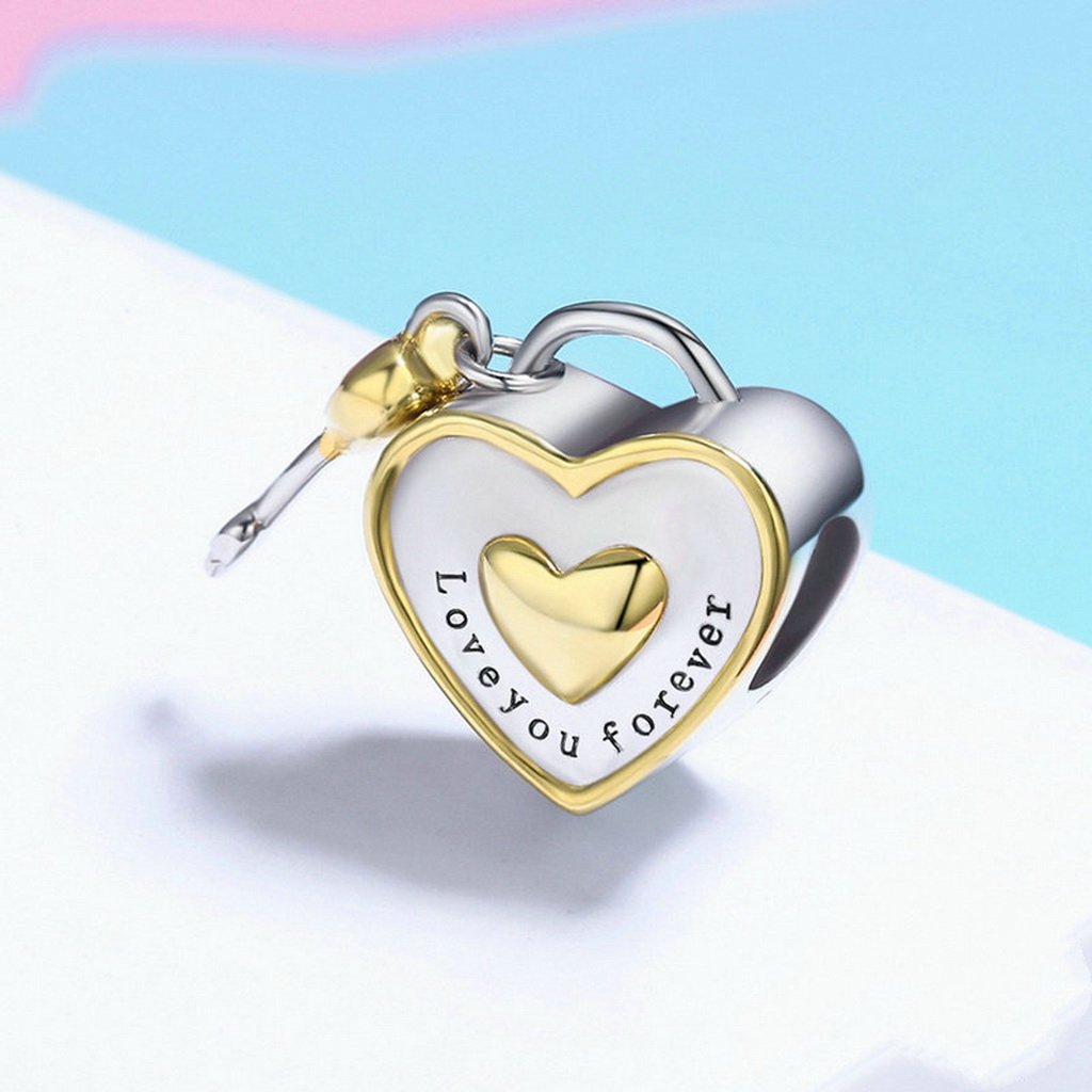 PAHALA 925 Sterling Silver Cute Love Lock Key with Crystals Charm Bead