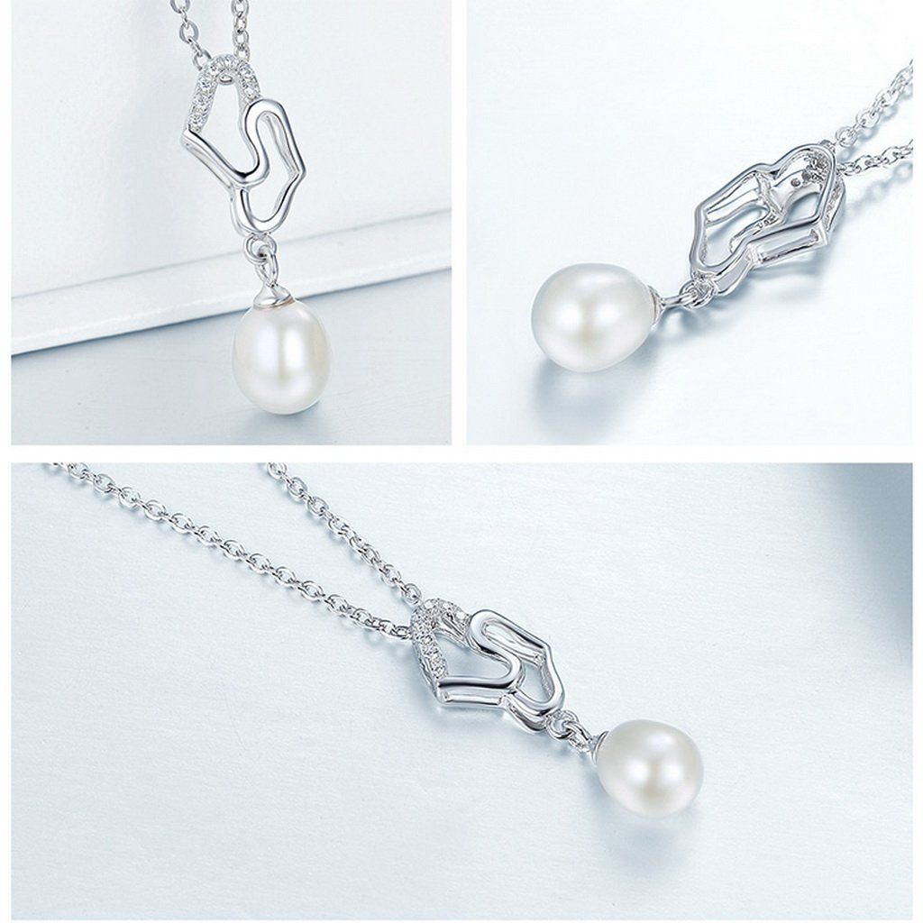 PAHALA 925 Sterling Silver Double Hearts with Crystals Pearl Pendant Necklace