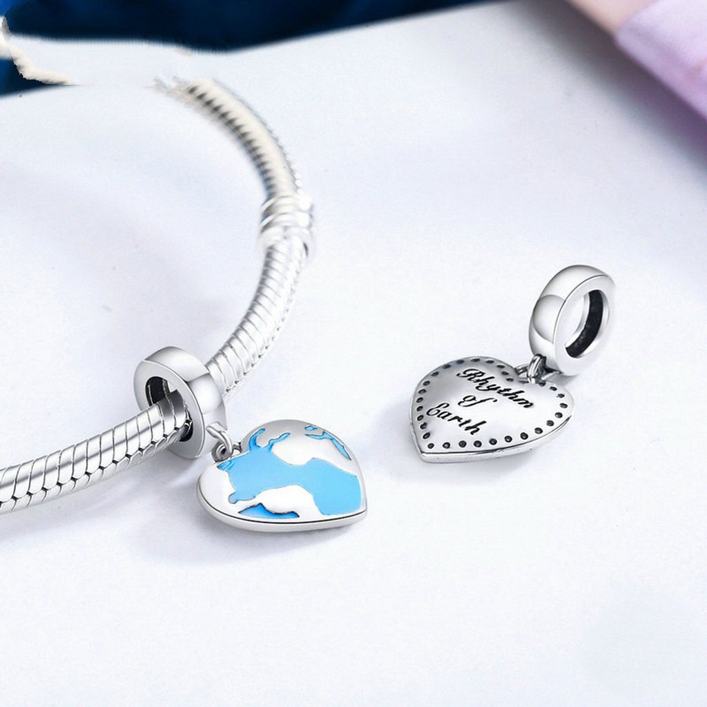 PAHALA 925 Sterling Silver Heart Dream Travel Map with Blue Enamel Charm Bead Fit Bracelet