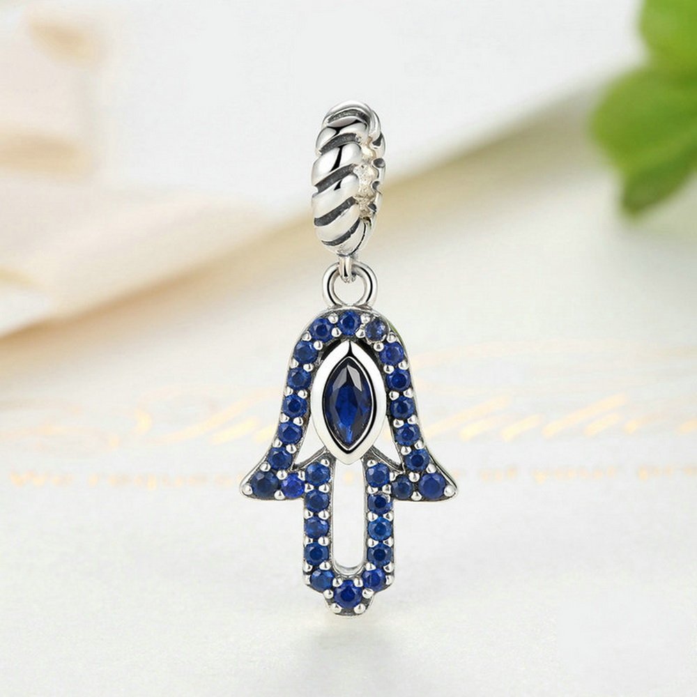 PAHALA 925 Strling Silver Hand Eye Shaped Blue Crystals Charms Pendant Fit Bracelets Necklace