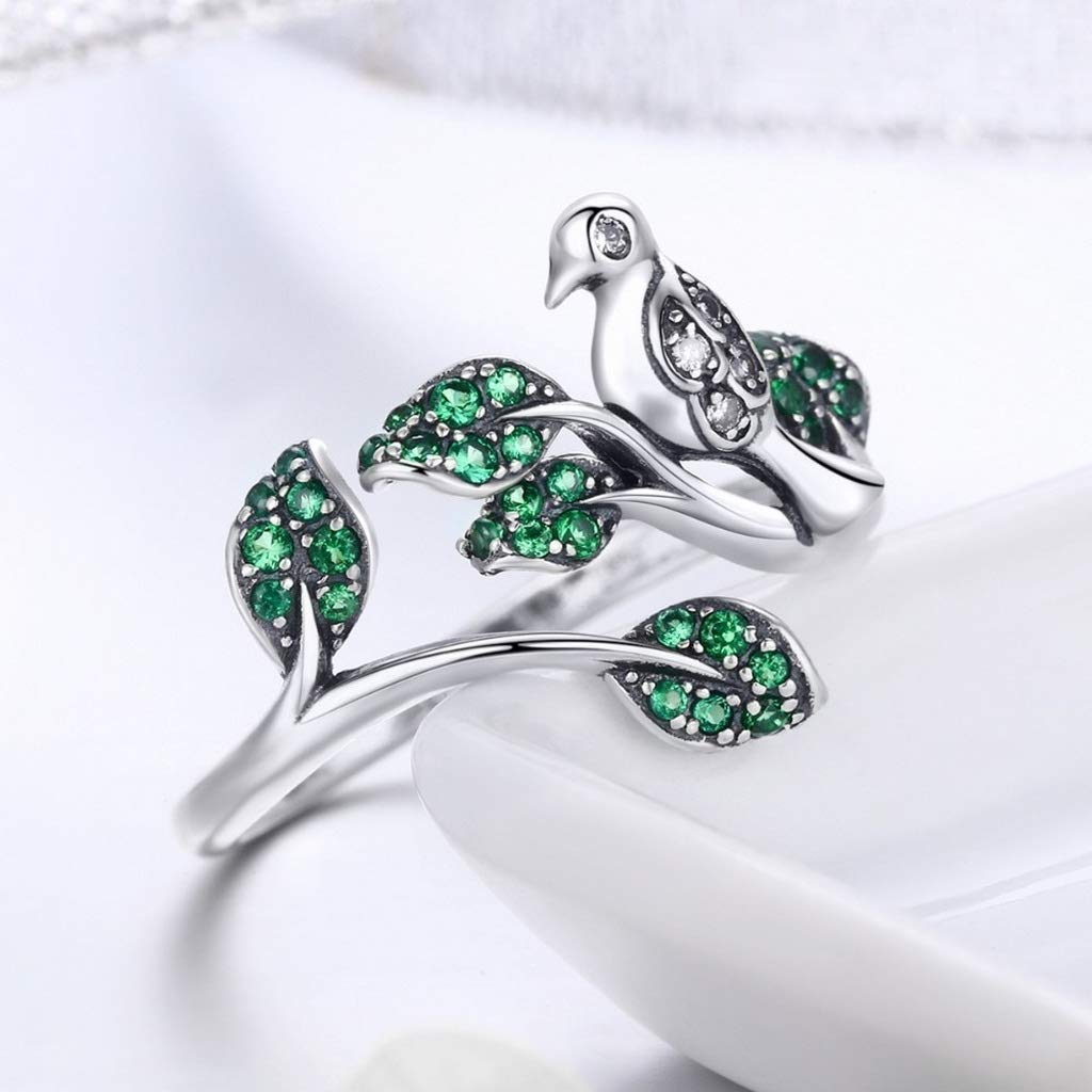 PAHALA 925 Strling Silver Tree Leaves with Bird Crystals Finger Weeding Party Ring