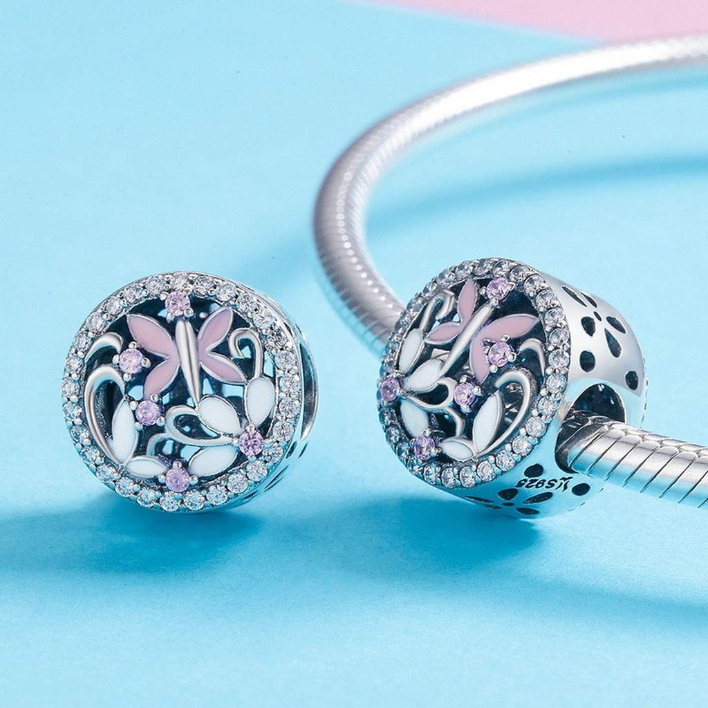 PAHALA 925 Strling Silver Pink Enamel Crystals Dragonfly Butterfly Charms Beads